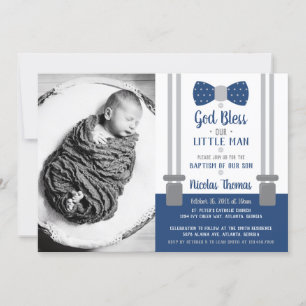 Little Man Baptism Invitation, Blue, Grey Kaart