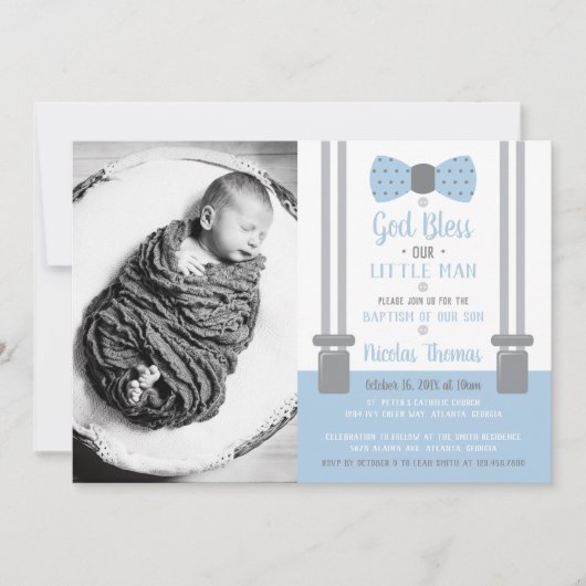 Little Man Baptism Invitation, Blue, Grey Kaart (Voorkant)