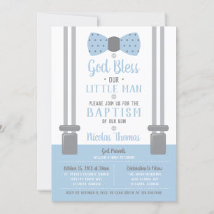 Little Man Baptism Invitation, Blue, Grey Kaart