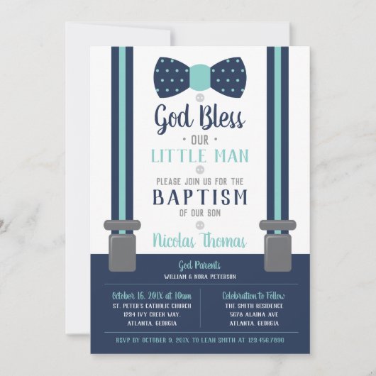Little Man Baptism Invitation, Navy, Turquoise Kaart (Voorkant)