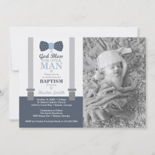 Little Man Baptism Photo Invitation Blue, Grey Kaart