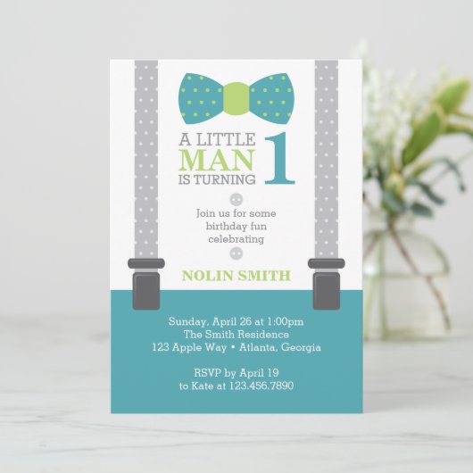 Little Man Birthday Party, Blauwgroen, grijs, groe Kaart (Staand voorkant)