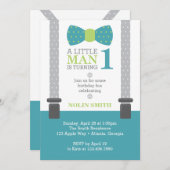 Little Man Birthday Party, Blauwgroen, grijs, groe Kaart (Voorkant / Achterkant)