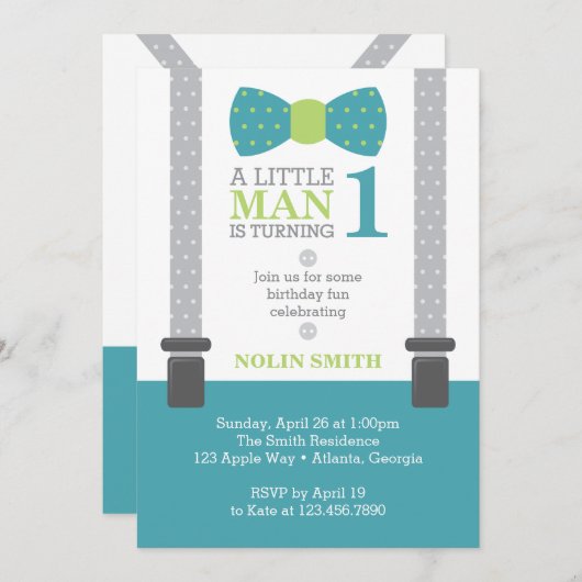 Little Man Birthday Party, Blauwgroen, grijs, groe Kaart (Voorkant / Achterkant)