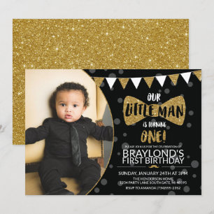 Little Man Black and Gold Photo Invitation Kaart