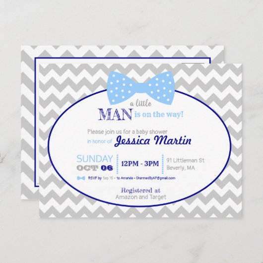 Little Man Bow Navy Blue Grey Boy Baby shower Briefkaart (Voorkant / Achterkant)