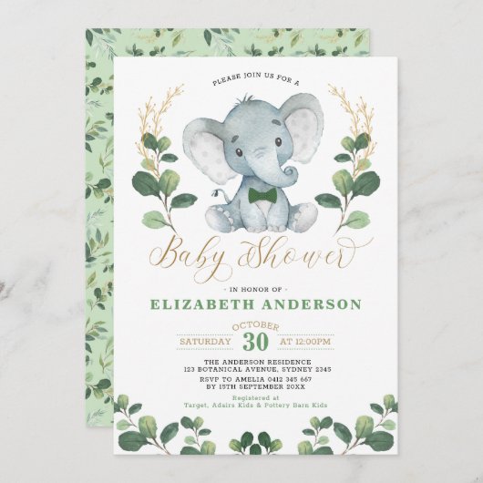 Little Man Elephant Greenery Gold Boy Baby shower Kaart (Voorkant / Achterkant)