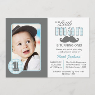 Little Man First Birthday Mustache Blue Gray Foto Kaart