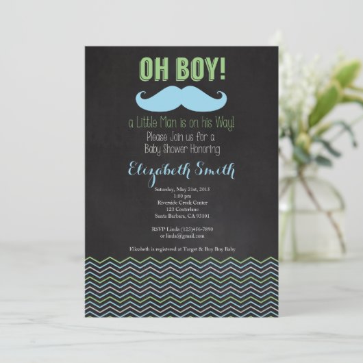 Little Man Mustache Baby shower Invitation Chalkb Kaart (Staand voorkant)