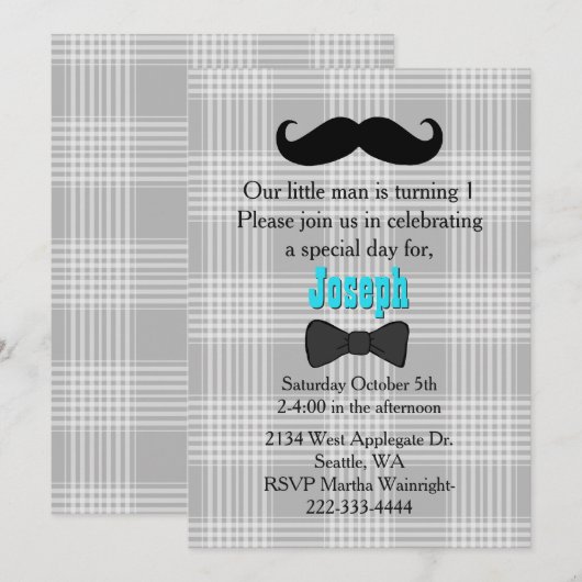 Little Man Mustache First Birthday Invitation Kaart (Voorkant / Achterkant)