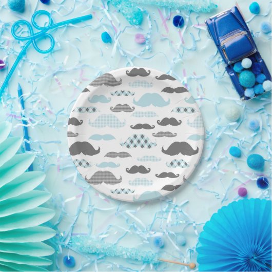 Little Man Mustaches Pattern Blue Papieren Bordje (Feest)
