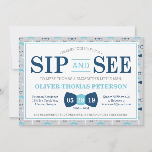 Little Man Sip et voir Baby shower Invitation (Devant)