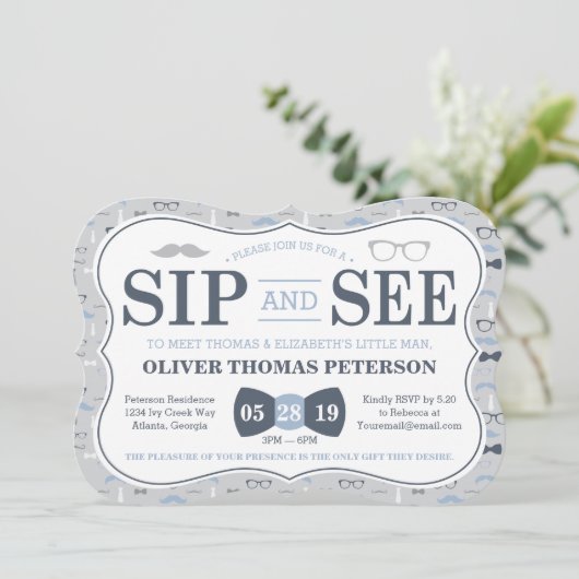 Little Man Sip et voir Baby shower Invitation (Debout devant)