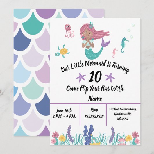 Little Mermaid Invitation Kaart (Voorkant / Achterkant)