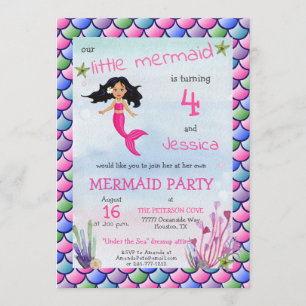 Little Mermaid Pink Blue Birthday Party Invitation Kaart