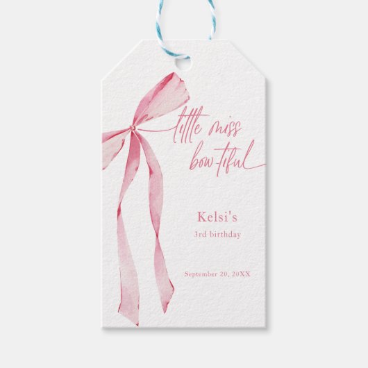 Little Miss Bowtiful Waterverf Roze Verjaardag Cadeaulabel (Voorkant)