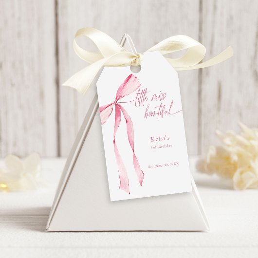 Little Miss Bowtiful Waterverf Roze Verjaardag Cadeaulabel