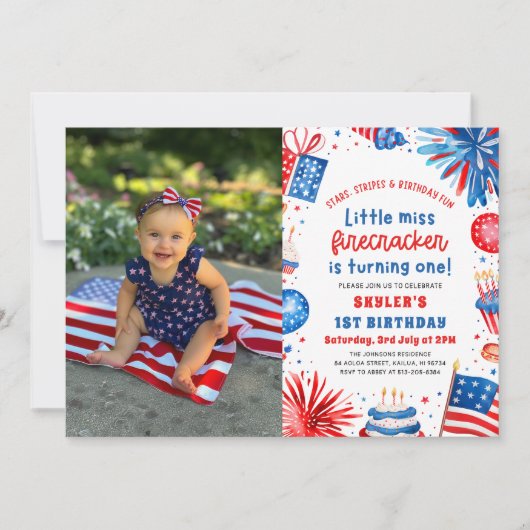 Little Miss Firecracker 4th van 1 juli Verjaardag Kaart (Voorkant)