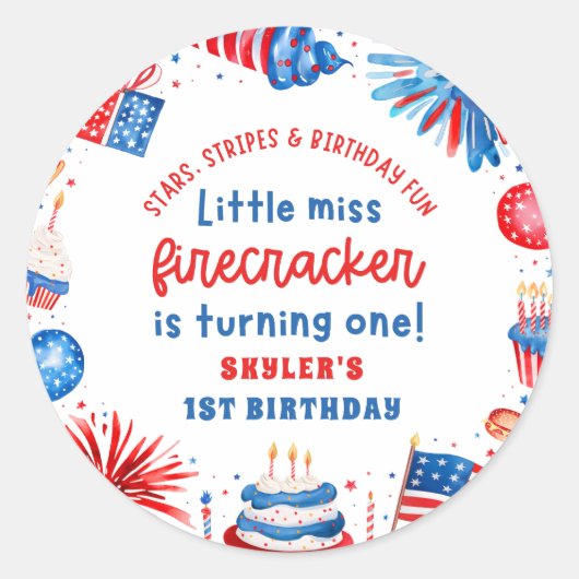 Little Miss Firecracker 4th van 1 juli Verjaardag Ronde Sticker (Voorkant)