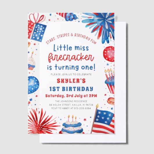 Little Miss Firecracker 4th van 1 juli Verjaardag Vellum Uitnodigingen (Offset)