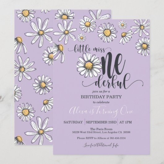 Little Miss ONE Daisy Anniversaire Invitation Pu (Devant / Derrière)