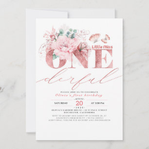 Little Miss ONEderful Roos Gold 1st Birthday Invit Kaart