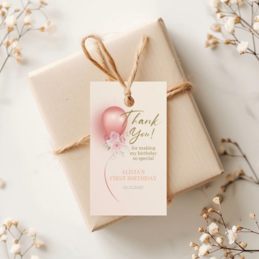 Little Miss ONEderful roze ballon bloemen verjaard Cadeaulabel