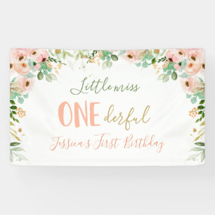 Little Miss Onederful Verjaardag Floral Pink Gold Spandoek