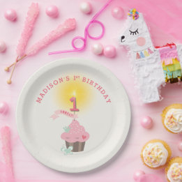 Little Miss Pink Cupcake Girl's 1e Verjaardagsfees Papieren Bordje
