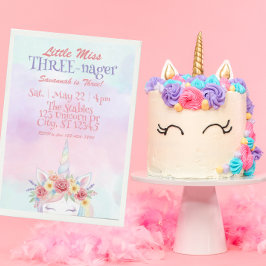 Little Miss Three-nager, Unicorn 3rd Birthday Kaart