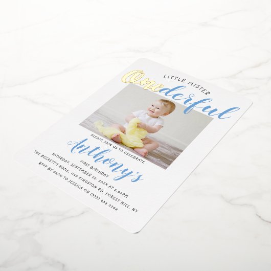 Little Mister Onederful Photo 1st Birthday Real Folie Uitnodiging (Gedraaid)