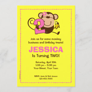 Little Monkey 2e verjaardag Girl Custom Invitation Kaart