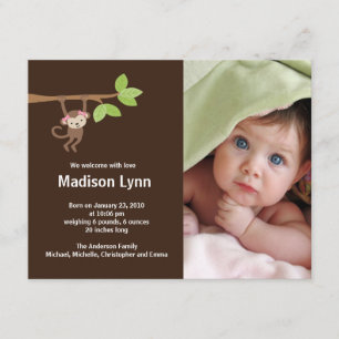 Little Monkey Baby Girl Birth Foto kondiging Kaart