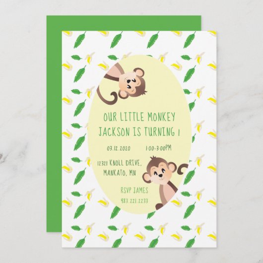 Little Monkey First Birthday Banana Peels Green Kaart (Voorkant / Achterkant)