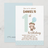 Little Monkey First Birthday Invitation (blauw) Kaart (Voorkant / Achterkant)