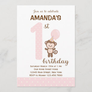 Little Monkey First Birthday Invitation (roze) Kaart
