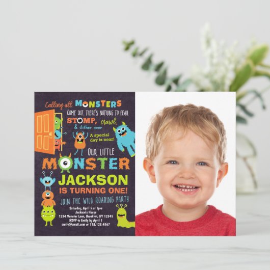 Little Monster 1er Anniversaire Photo Invitation (Debout devant)