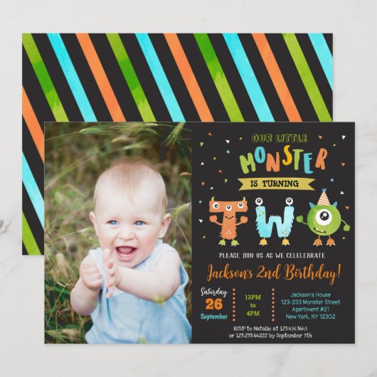 Little Monster 2e Birthday Party Invitations boy Kaart (Voorkant / Achterkant)