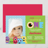 Little Monster First Birthday Photo Invitation Kaart (Voorkant / Achterkant)