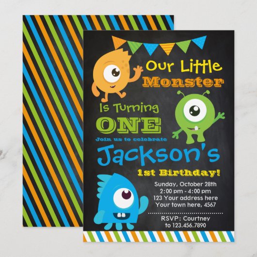 Little Monster Invitation, Chalkboard Kaart (Voorkant / Achterkant)
