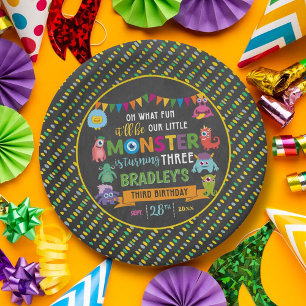 Little Monster Krijtbord 3e Verjaardagsfeest Papieren Bordje