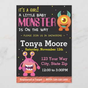 Little Monster Pink Baby shower Invitation Kaart