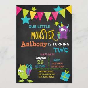 Little Monster Turend Two Birthday Invitation Kaart