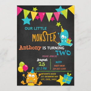 Little Monster Turend Two Birthday Invitation Kaart