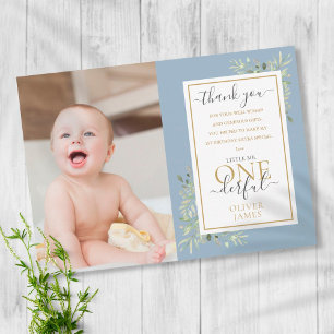 Little Mr ONEderful Blue Boy 1st Birthday Foto Bedankkaart
