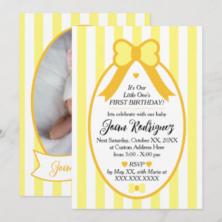 Little One Bow 1st Birthday Photo Invitations