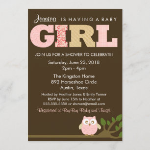Little Owl Baby Girl Douche Uitnodiging, Patroon Kaart