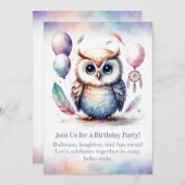 Little Owl Birthday Invitation Woodland Boho  (Devant / Derrière)