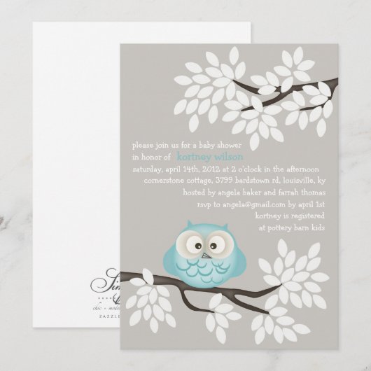 Little Owl & Branches Baby Shower-uitnodigingen Kaart (Voorkant / Achterkant)