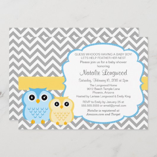 Little Owls Baby shower Invitation, jongen Kaart (Voorkant / Achterkant)